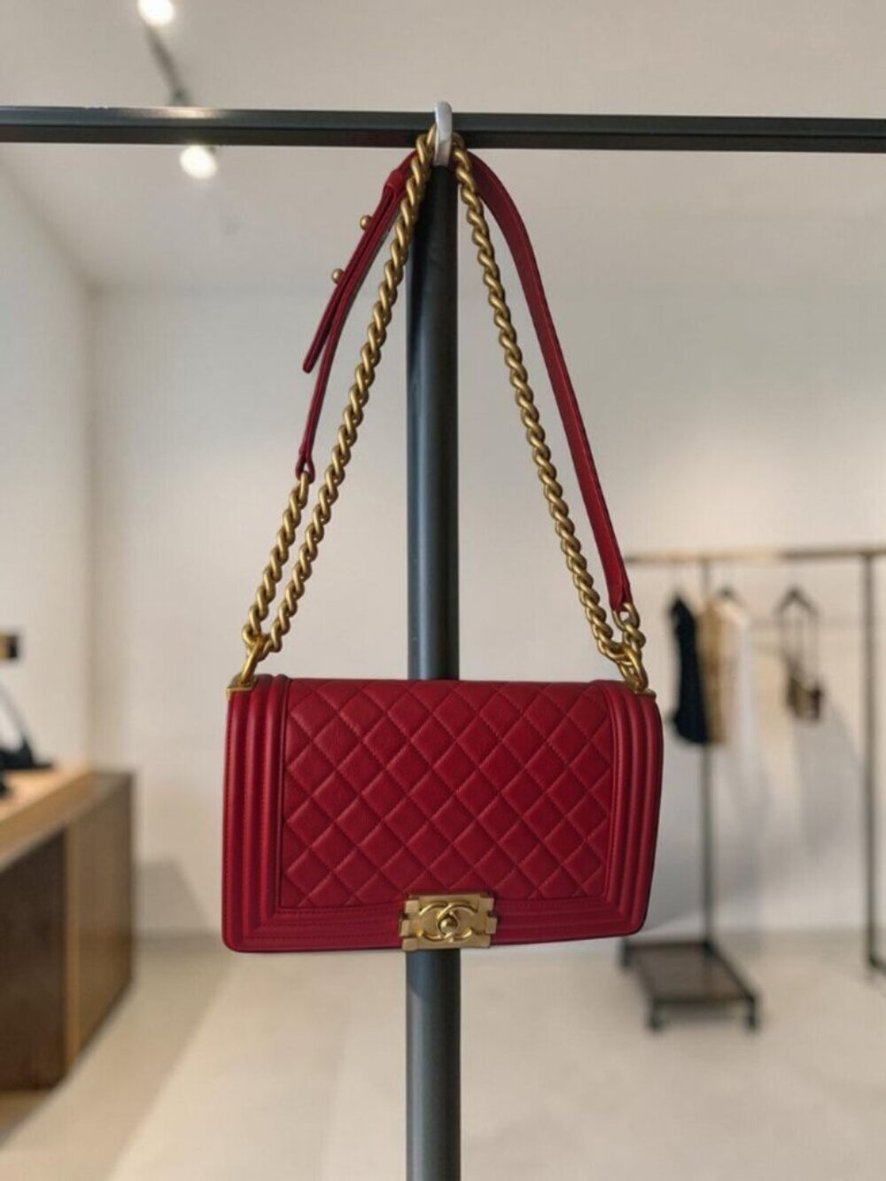 CHANEL Old Medium, Red Quilted Boy Bag with Iconic CC push-lock claps